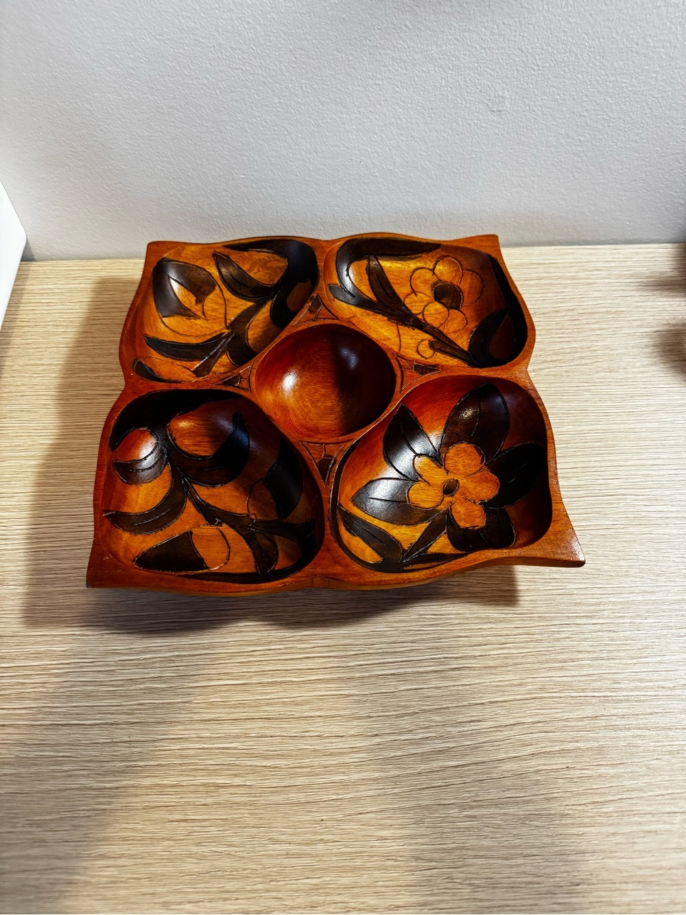 Carved Wooden Serving Dish with Floral Inlay - Warm Brown